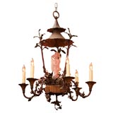 A CHINESE GARDEN STYLE CHANDELIER WITH A ROSE QUARTZ FIGURE