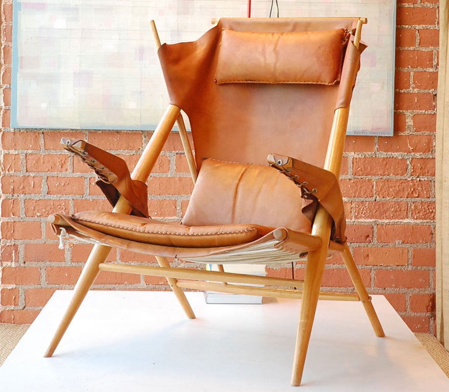 Mid-20th Century Swiss or Italian leather and fruitwood Campaign Chair