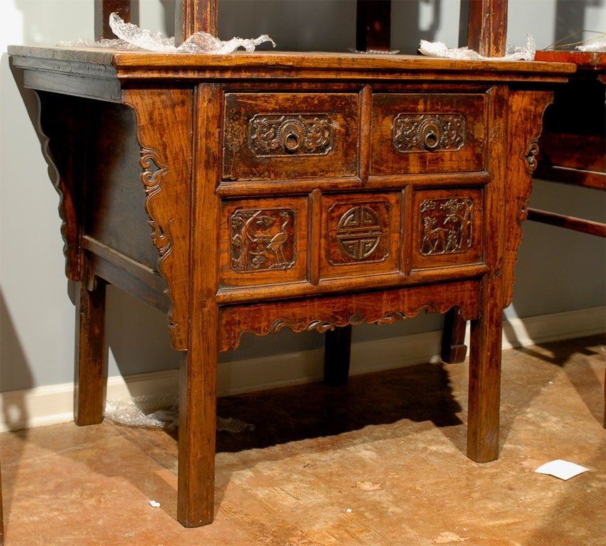 2 Drawer Qing Dynasty Cabinet of Elm w/ Bird and Deer Carvings
