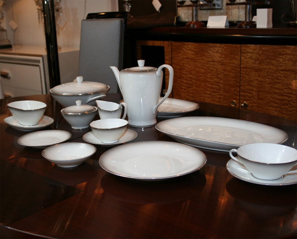 Complete service for 12 includes Dinner plates,salad plates,bread and butter plates,desert bowls,soup bowls,cups and saucers.  Also includes coffee pot,sugar bowl,creamer ,covered vegetable bowl,gravy boat and two platters.