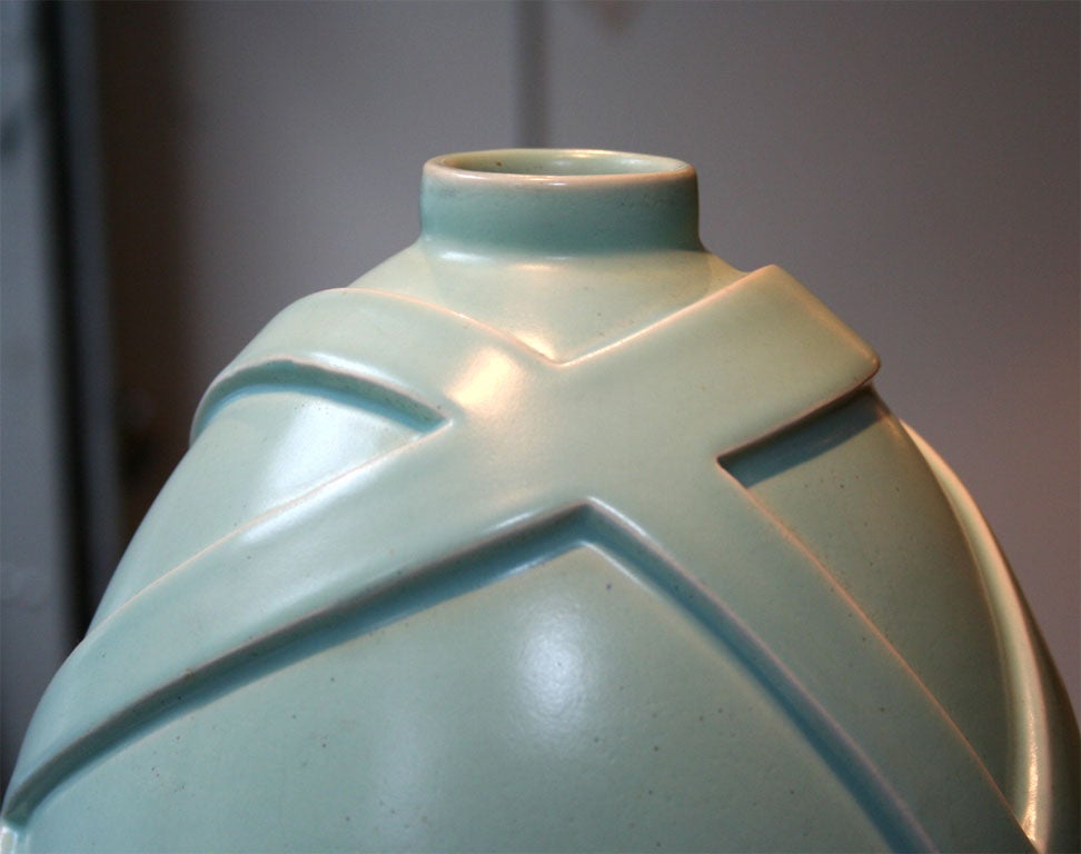 Gorgeous Art Deco Modernist Celadon Ceramic Vase Signed by Primavera In Excellent Condition In New York, NY