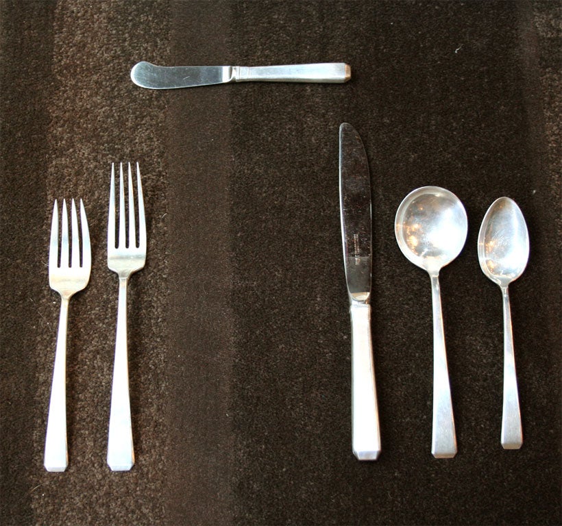 Service for eight includes Dinner forks,salad forks, soup spoons ,teaspoons,dinner knives and butter knives.Set also includes gravy ladle,master butter knive,large spoon,large perforated spooon,sugar spoon,large meat fork,olive fork,lemon fork,cake