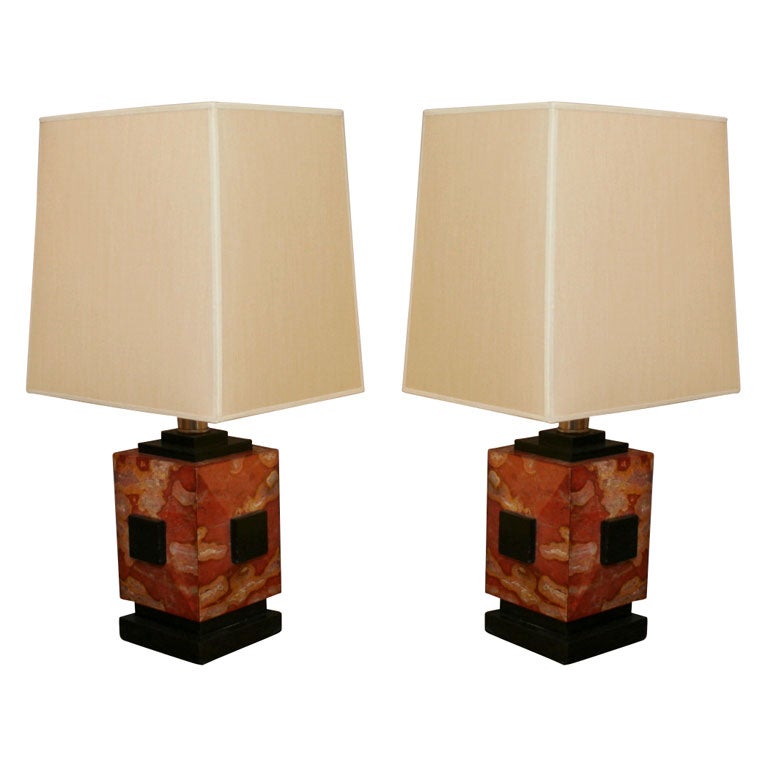 Table Lamps Pair Art Deco Cubist marble and onyx France 1920's For Sale