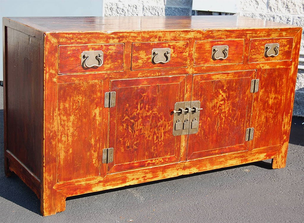 Elm Mid to Late 19hC. Q'ing Dyansty Beijing Four Drawer Buffet with Brass Hardware
