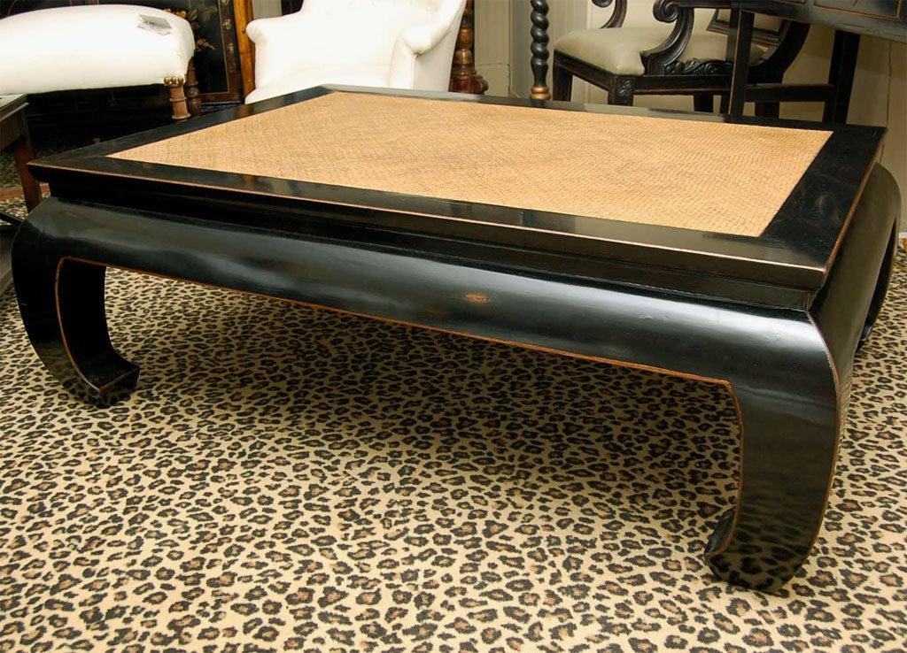 Black Lacquered Coffee Table , Chow Leg Style, with Sea Grass Insert Top. China Circa 1860