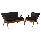 Danish Modern Leather Sofa and Armchair