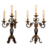 Pair of wrought iron candelabra lamps
