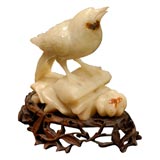 19th C. Finely Carved Bird of Yellow Jade on Custom Wooden Stand