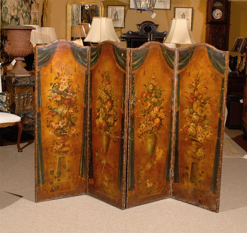 19th Century French Painted Leather Screen
