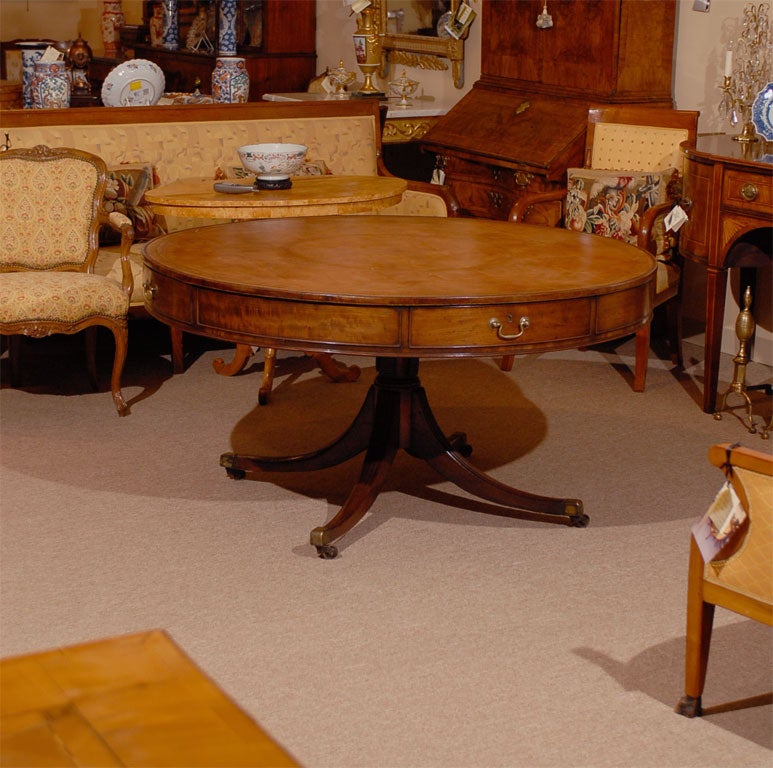 Large Early 19th century English Drum Table with Brown Leather