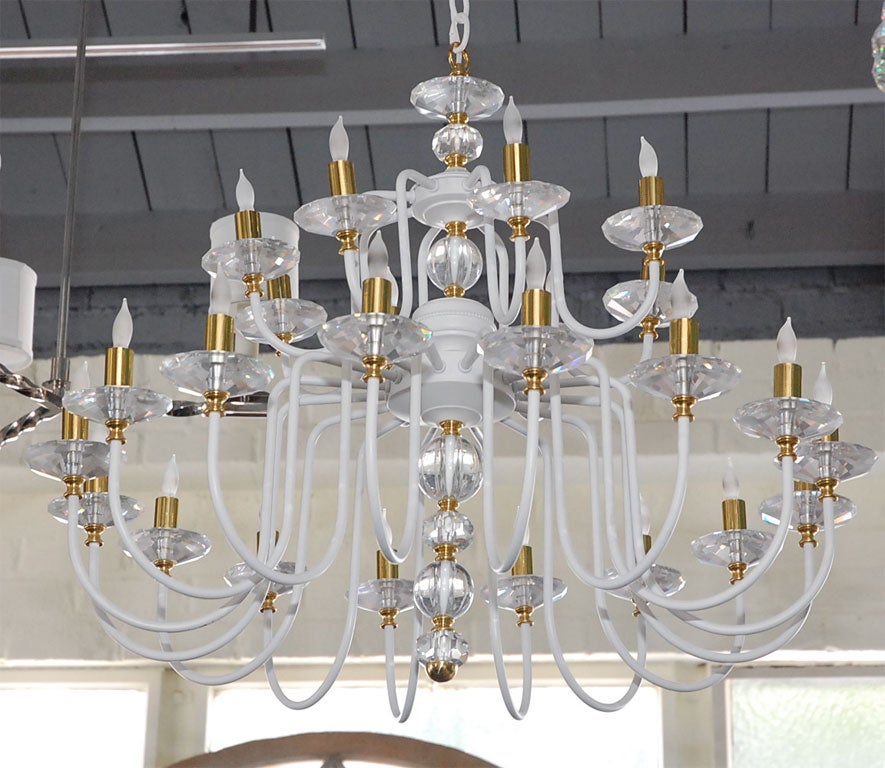 MId-Century restored white chandelier with refinished brass and new crystal and new electrical. 
Very good vintage condition for white finish with very minute markings, new electrical, redone brass, new crystal. 