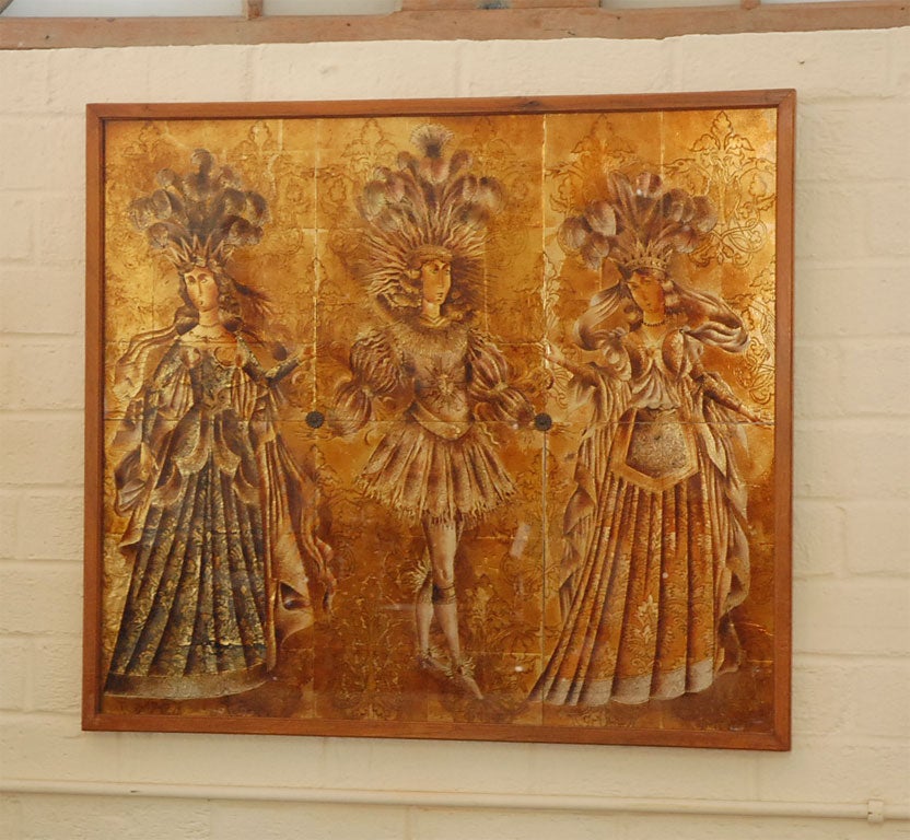 A Mid-Century Italian verre églomisé panel depicting Louis XIV and two female attendants.
