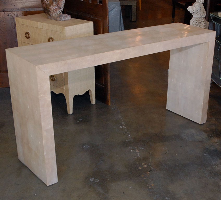 Parson style shagreen console table. Beautiful gray brown color.<br />
Call for lead time.
