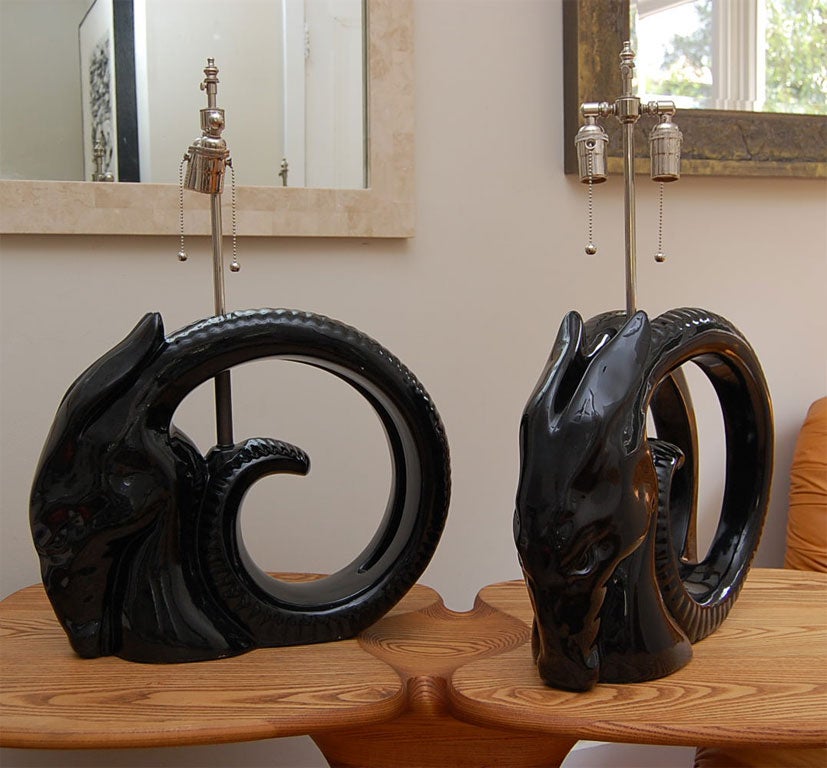 Pair of Black Glazed Ceramic Rams Head Lamps