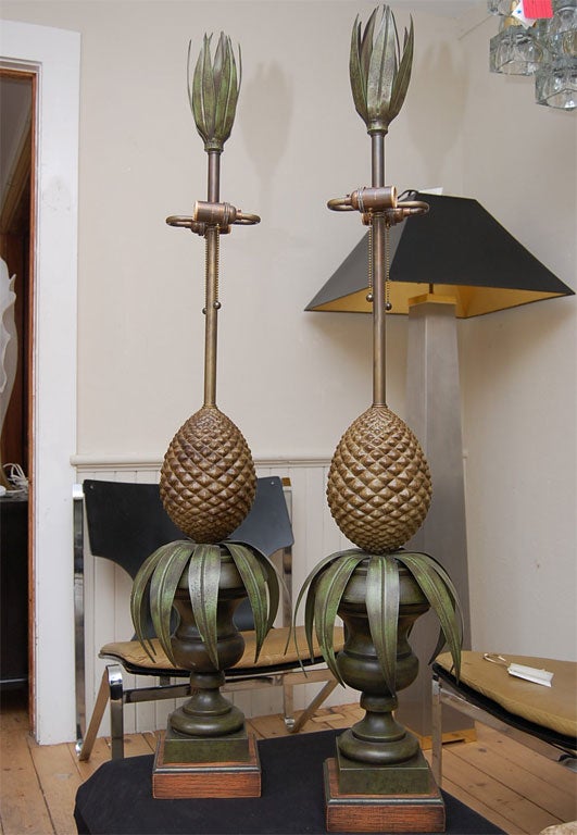 Mid-20th Century Pair of Tole Pineapple lamps