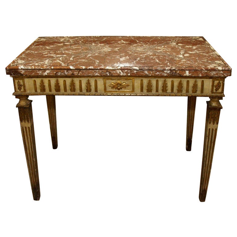 18th c Italian carved, painted and gilded console, Sicilian marble top