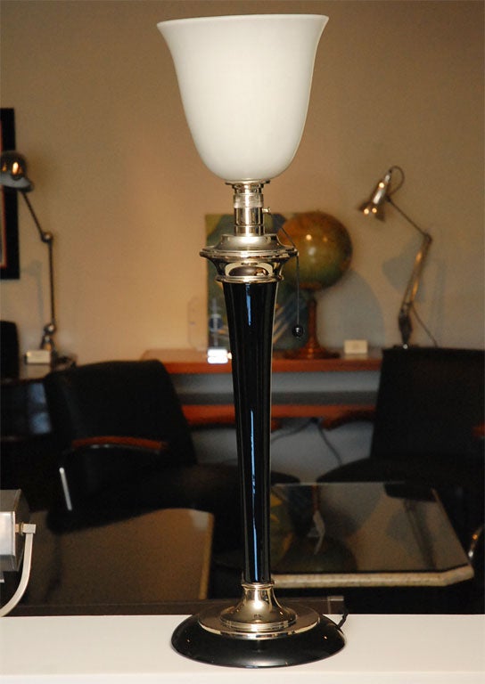 Classic Mazda “Lampe de travail”<br />
Black Lacquer with Nickel <br />
With opaque tulip glass shade