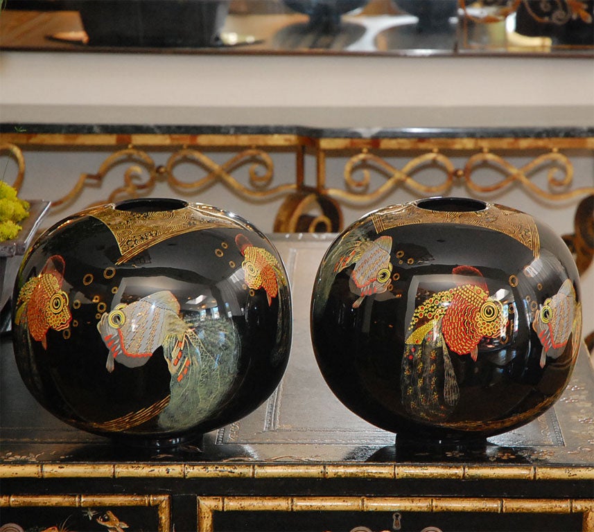 Pair of Hand Painted One of a Kind Containers done in the style of Jean Dunand