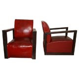 Pair of limed oak red upholstered armchairs