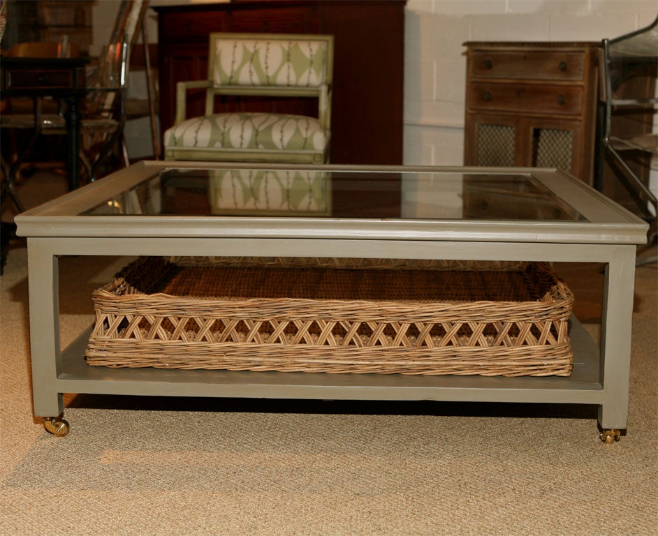 custom painted glass and wood coffee table with basket custom painted glass and wood coffee table with basket