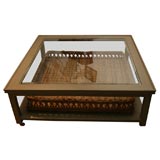 Custom Painted Glass and Wood Coffee Table with Basket Insert