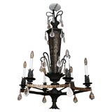 IRON AND TOLE CHANDELIER W/GOLD TRIM,  WITH ROCK CRYSTALS