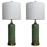 Pair of French Blue & Green Striated Ceramic Porcelain Lamps
