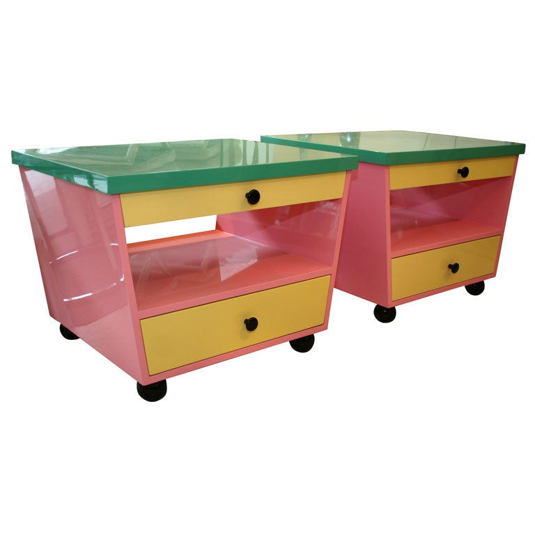 Pair of 'Memphis' Multi Colored Lacquered Side Tables at 1stDibs