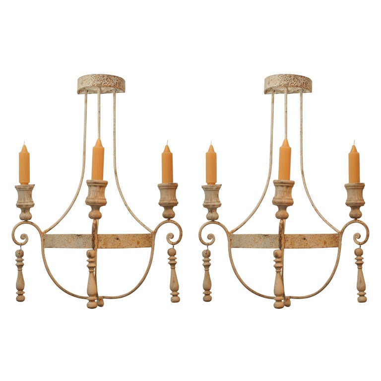 Pair of Painted Wrought Iron and Wood Sconces For Sale