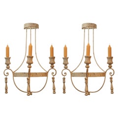 Vintage Pair of Painted Wrought Iron and Wood Sconces