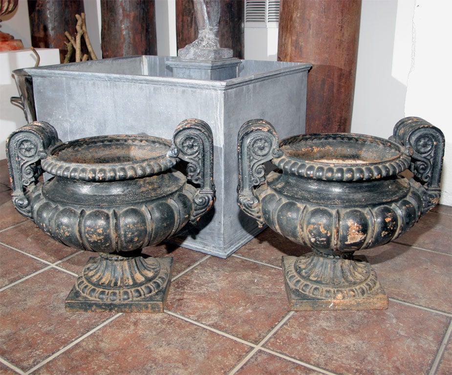 Pair of Dark Green/Black Painted Cast Iron Urns