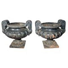 Pair of Dark Green/Black Painted Cast Iron Urns 9