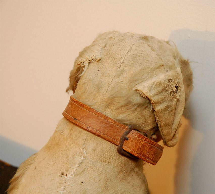 EARLY 20TH C. STUFFED DOG ON WHEELS W/ ORIGINAL COLLAR 4