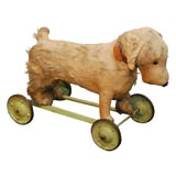 Vintage EARLY 20TH C. STUFFED DOG ON WHEELS W/ ORIGINAL COLLAR