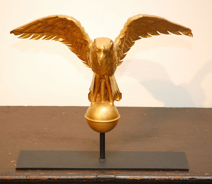19TH C. GILDED COPPER EAGLE WEATHER VANE W/CUSTOM IRON MOUNT