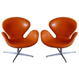 Pair of Brown Leather Arne Jacobsen for Fritz Hansen Swan Chairs