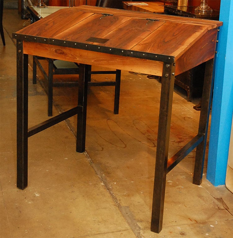 Walnut Writing Desk with Lift Top Drawer on Polished Steel Legs. Restored
