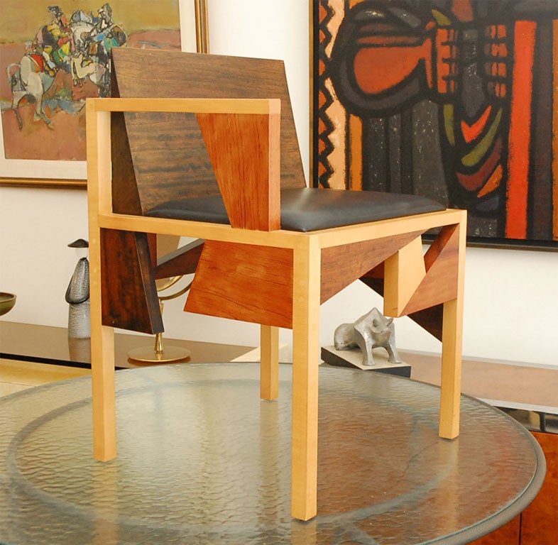 Robert Wilhite mix wood and leather one  arm chair, signed, studio 2