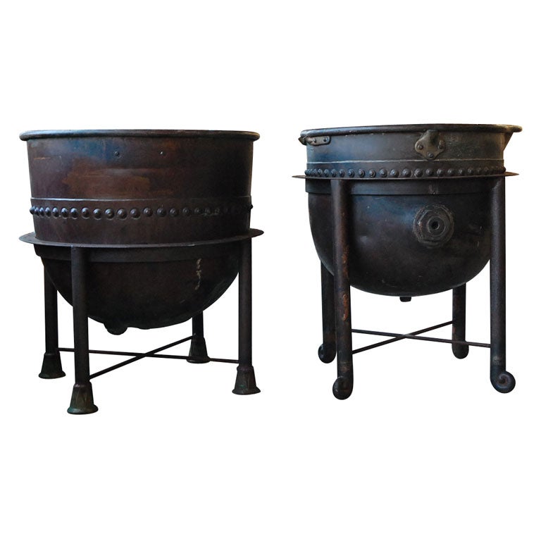 Pair of industrial large copper pots from a chocolate factory