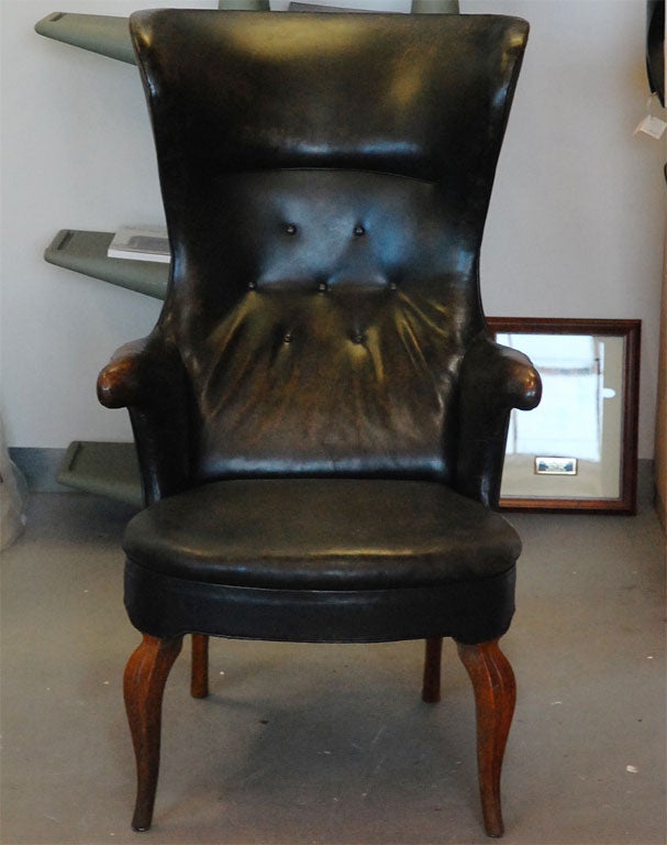 Frits Henningsen highback wingchair in black leather, 1938
