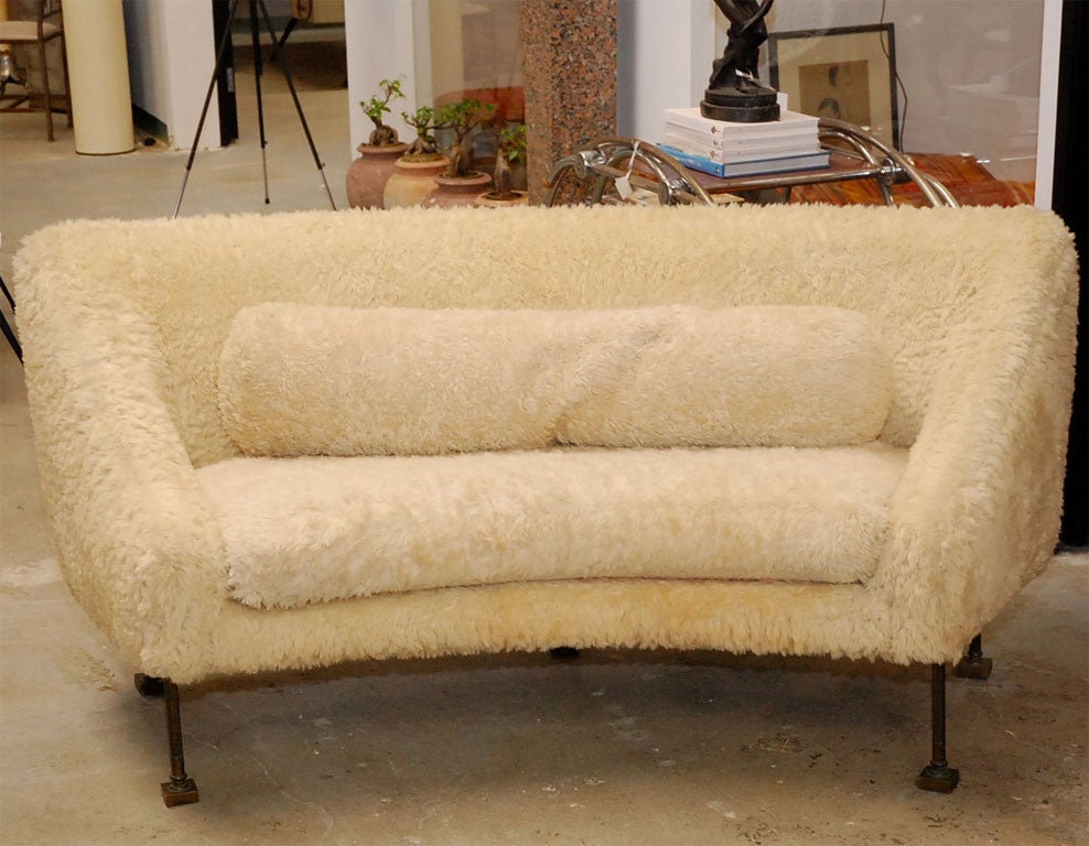 shaggy white sofa with bronze legs, 1960s, very unique