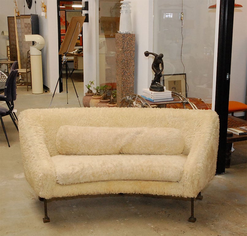 Unknown Shaggy white sofa with bronze legs