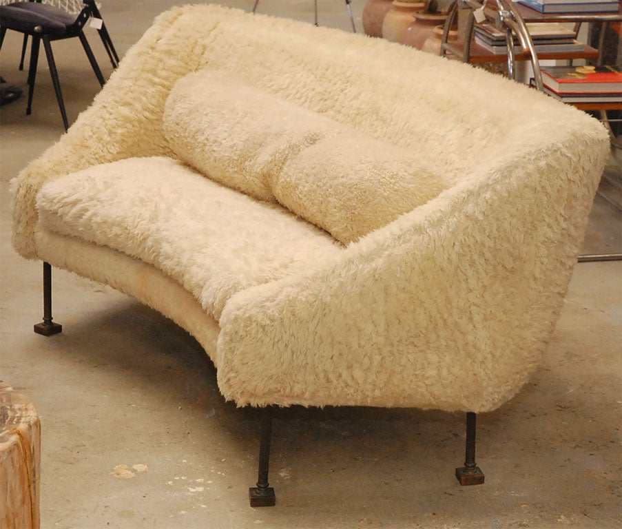 Bronze Shaggy white sofa with bronze legs