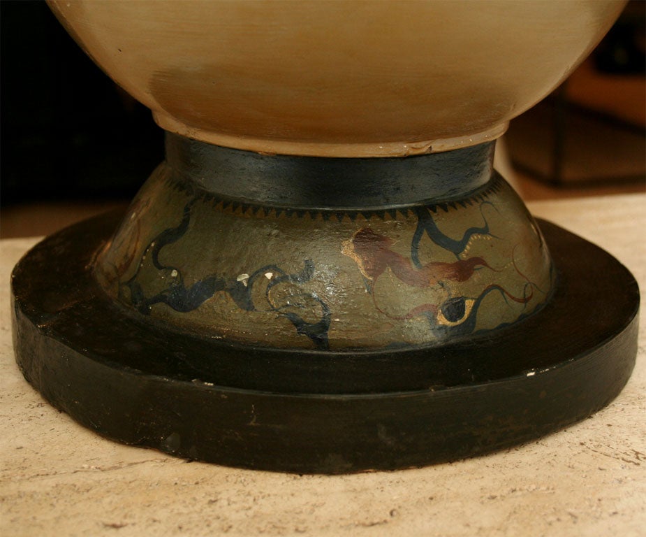 Art Deco neo-classical plaster urn painted in the round with figurative and decorative decoration