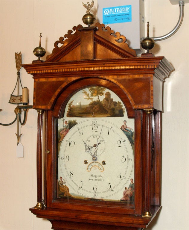 Antique English mahogany grandfather clock by Shepperly.