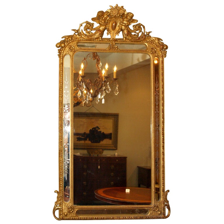 Antique French gold leaf mirror with putti and etched glass. at 1stDibs