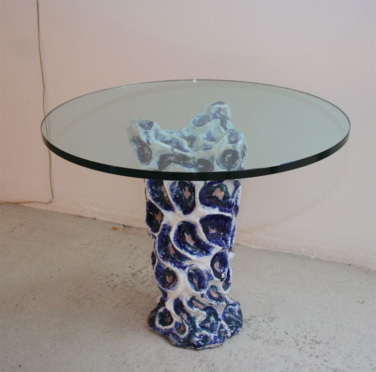 Unique handmade glazed ceramic table with glass top by Federico Quattrini, Albisola, Italy, circa 1952.
