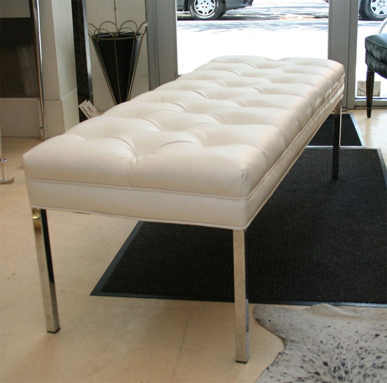 Custom bench. Wood or chrome legs with diamond tufting. Any size. 5 weeks delivery. Made in USA.
Ultra leather, (faux). 100 colors.