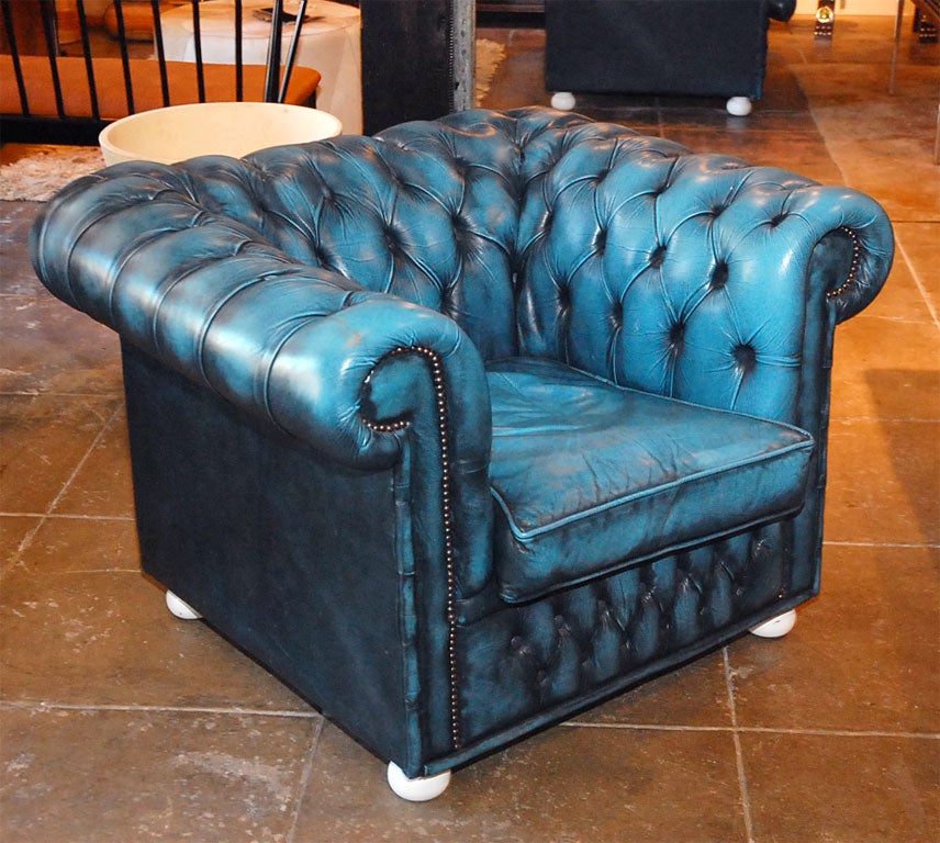 20th Century Pair Blue Leather Chesterfield Chairs