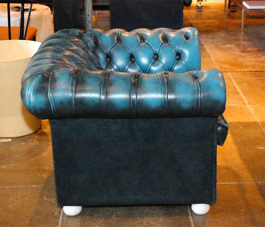 Pair Blue Leather Chesterfield Chairs 1